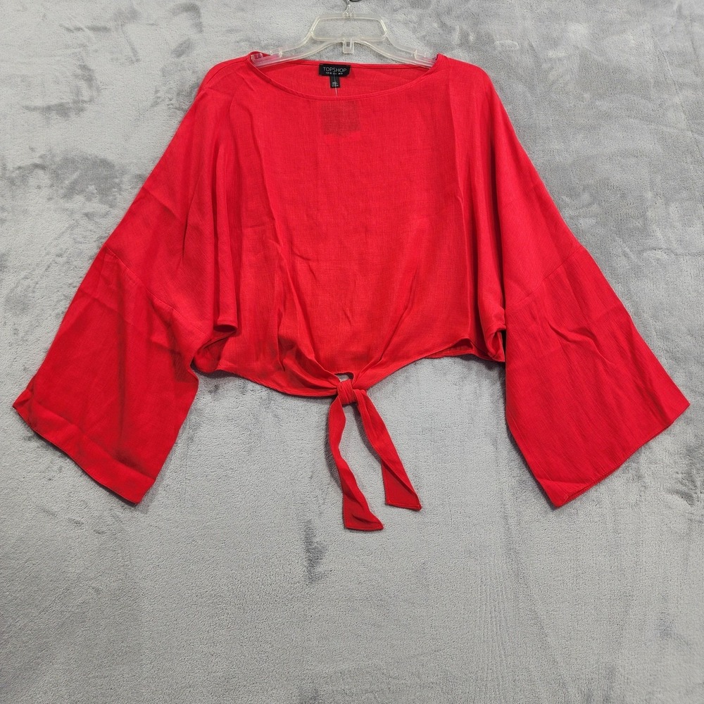 NEW Topshop Top Womens 6 Red Tie Front Cropped‎ Kimono Sleeve Blouse Boho
